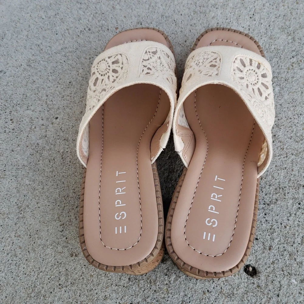 ESPRIT Pheby Floral Embroidered Platform Corks Block Heel Sandals Neutral Boho